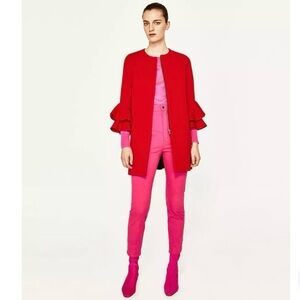 ZARA Frilled Sleeve Jacket Coat Chic Career Business Casual Red Size Small